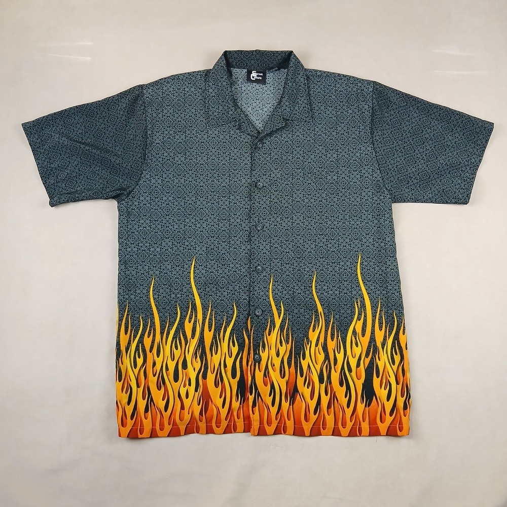 Street Culture‎ Large Mens Shirt Hawaiian Camp Casual Geometric Flames Vintage